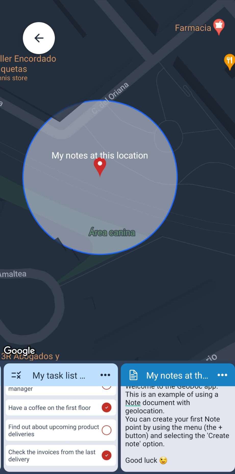 GeoDoc interactive map with document points and their radius